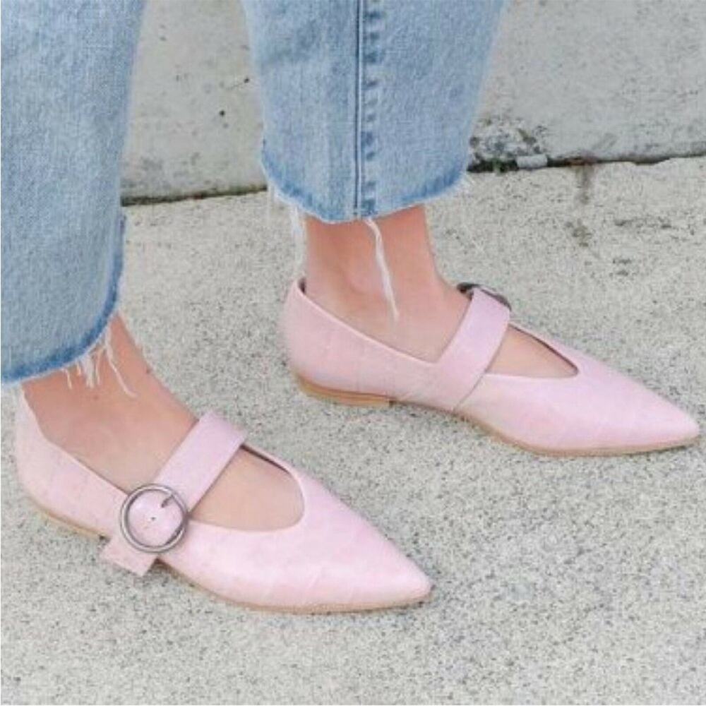 Freda Salvador Ivy Mary Jane Flats Pointed Toe Embossed Leather Pink Croc Sz 7‎